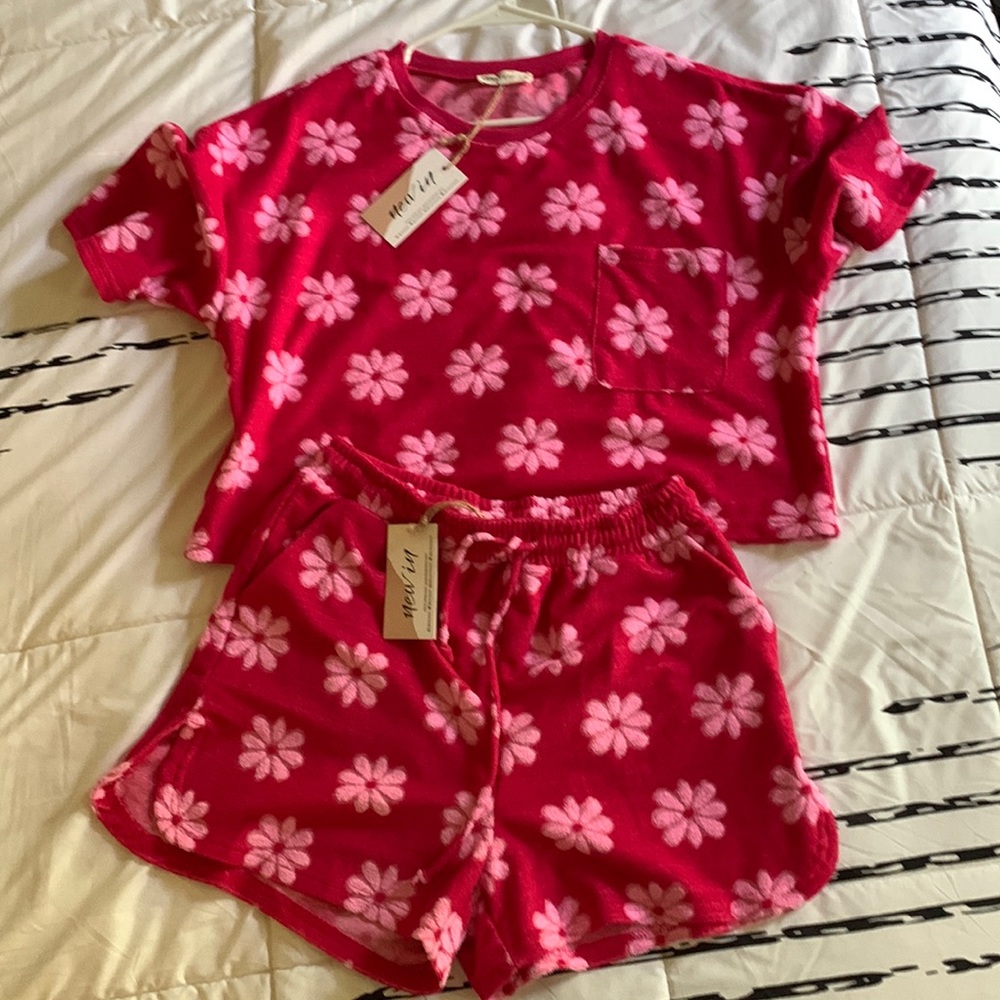Terry cloth matching lounge short set Y2K vibe NWT large top medium bottom pink
